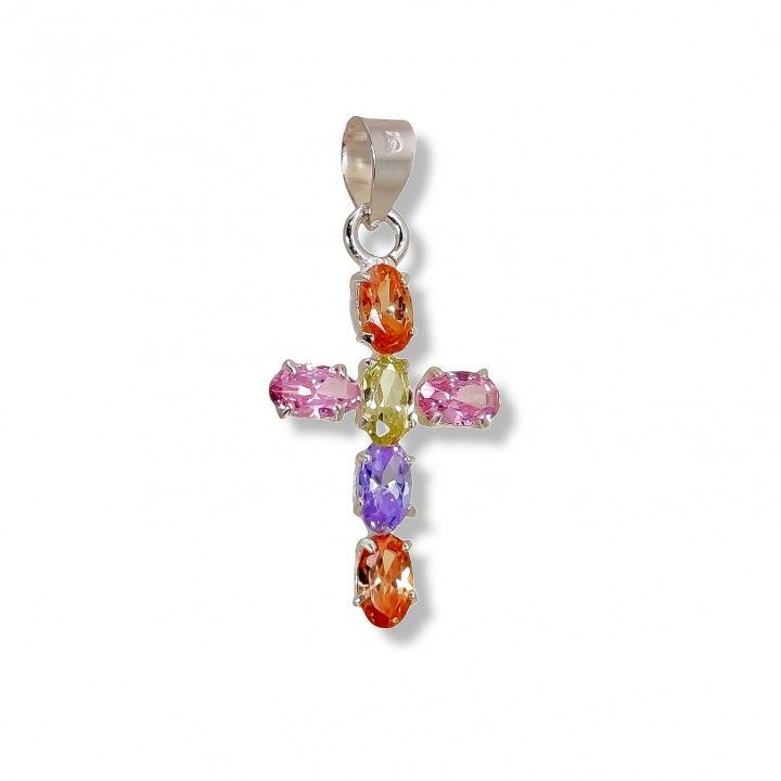 Colgante Cruz de plata con circonitas de colores