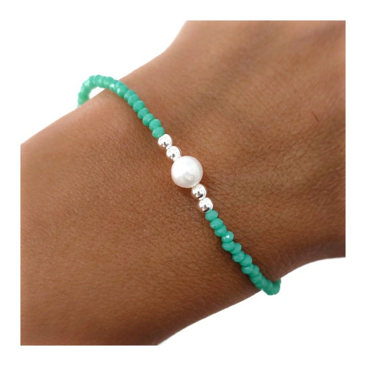 Pulsera de plata para mujer con piedras verdes y perla